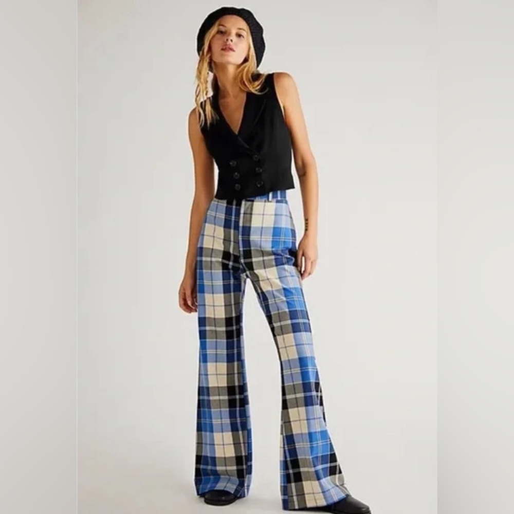 Free People Plaid Jules Blue/black checked flare pants size 4